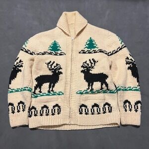 Vintage Hand Knit Wool Cowichan Siwash Sweater Trees Deer Moose 1960s Women M